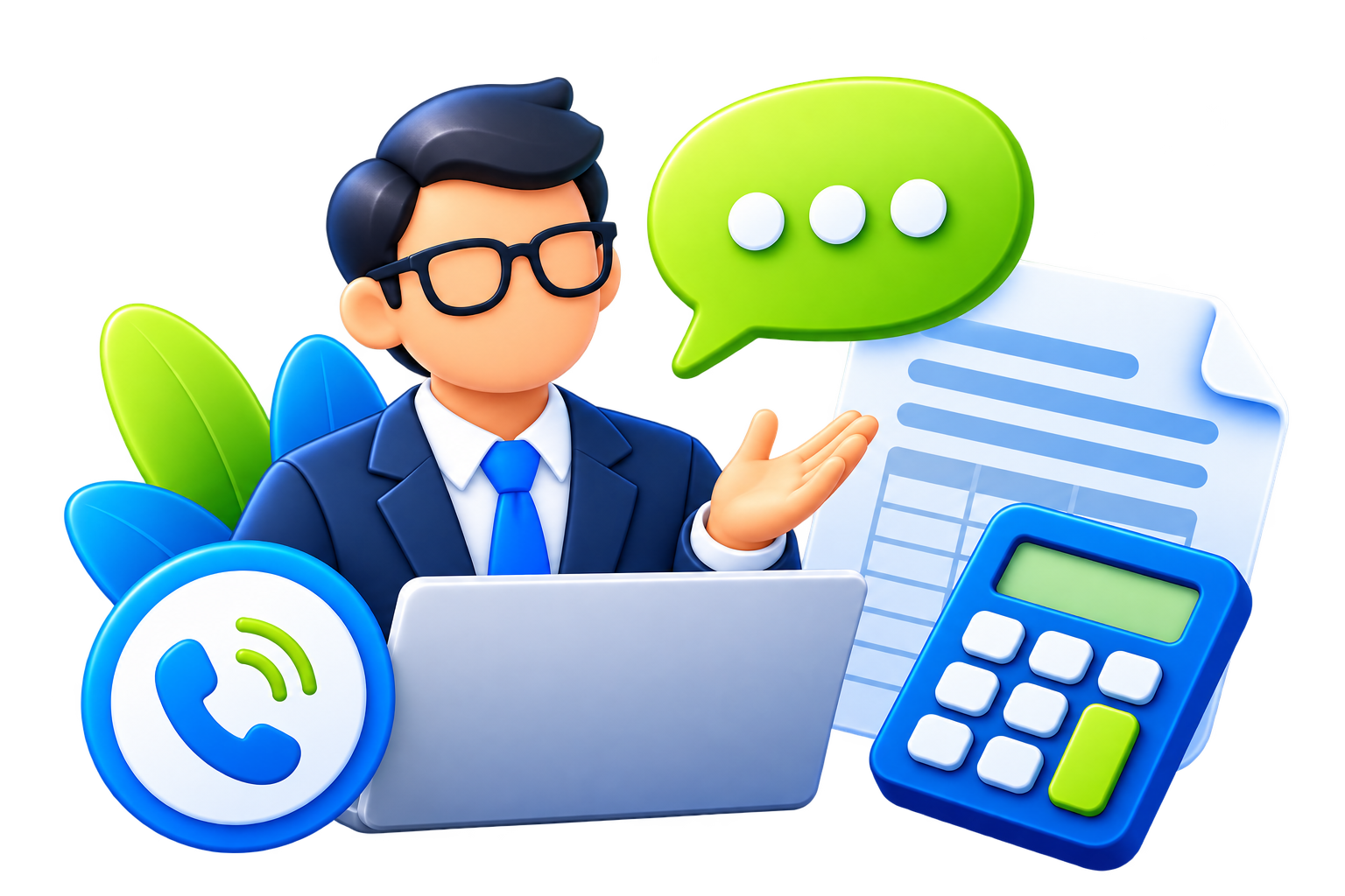 Advisor at a laptop with a phone, tax document and calculator